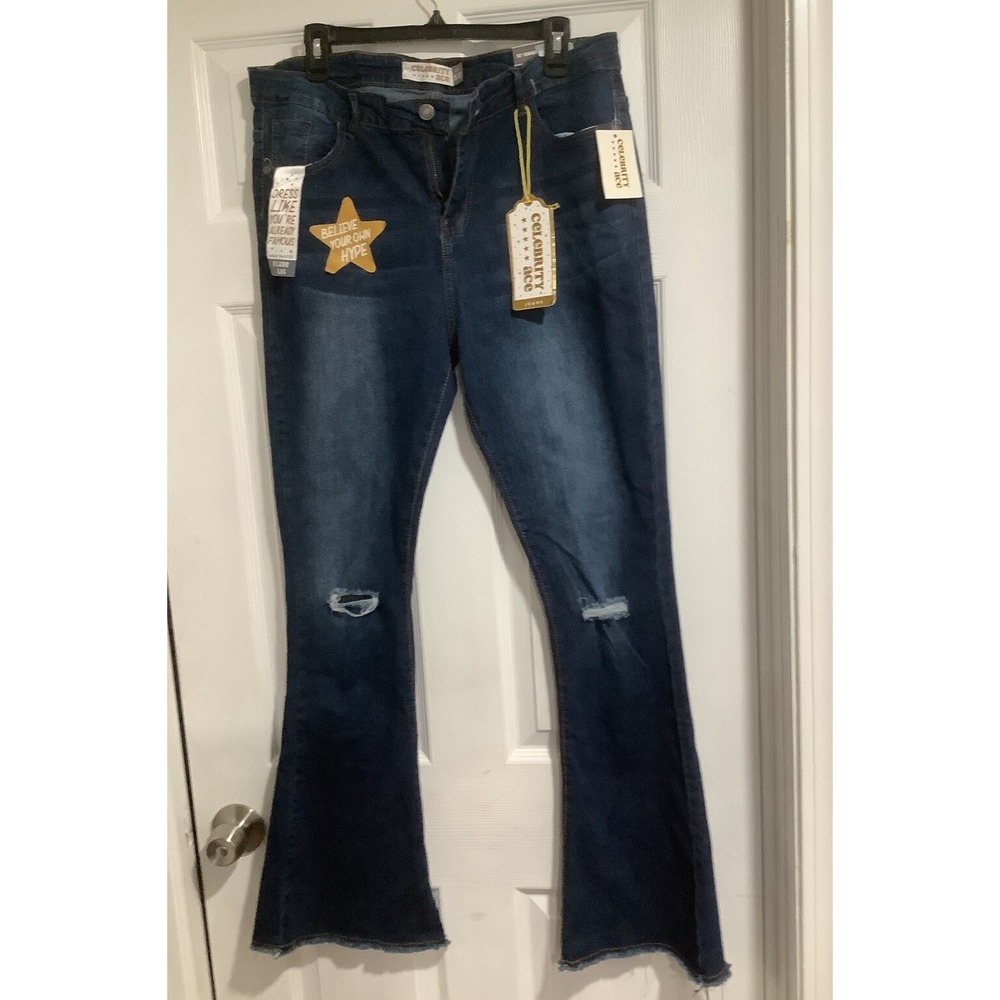 Celebrity Ace Jeans Sz 15 15/32 Distressed Blue Denim Ripped Flare Jrs